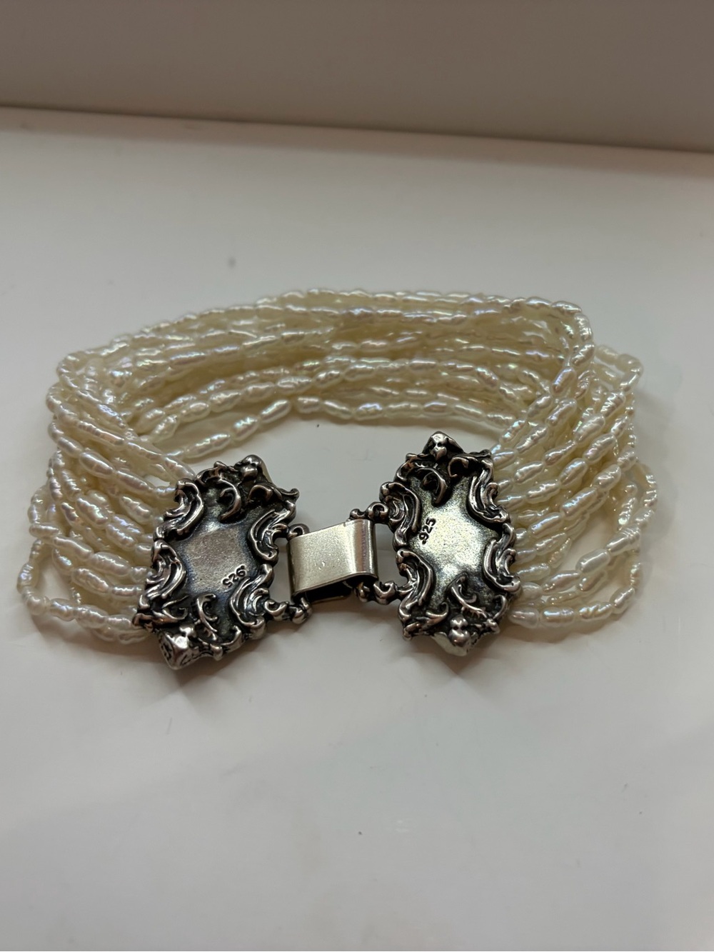 Multi-Strand Pearl and Sterling Silver Clasp Bracelet - Cream